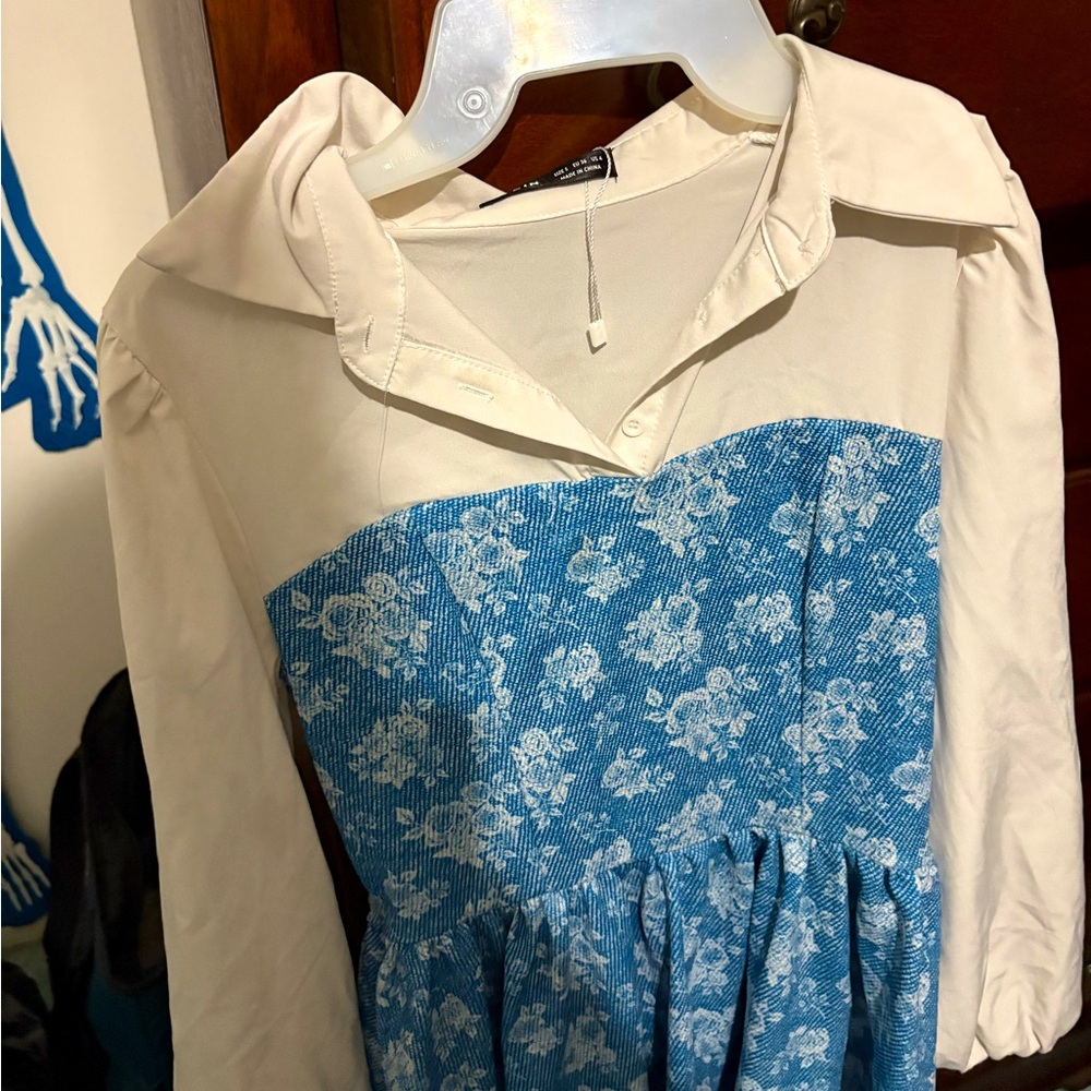 Blue Floral Dress with White Collar
